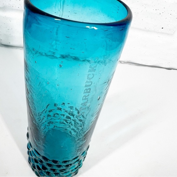 STARBUCKS Rare Limited Edition Blue Handblown Glass 7" Tall Hobnail Tumbler - Picture 4 of 4
